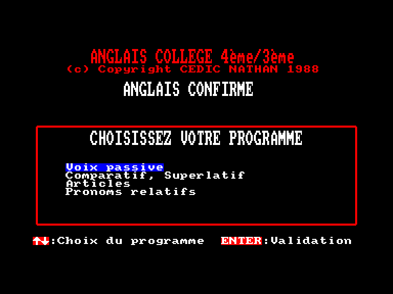 screenshot of the Amstrad CPC game Anglais Colleges 4eme - 3eme