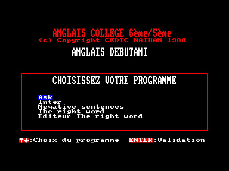 screenshot du jeu Amstrad CPC Anglais Colleges 6e-5e