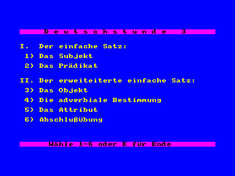 screenshot of the Amstrad CPC game Deutsch-Stunde 3 (die)