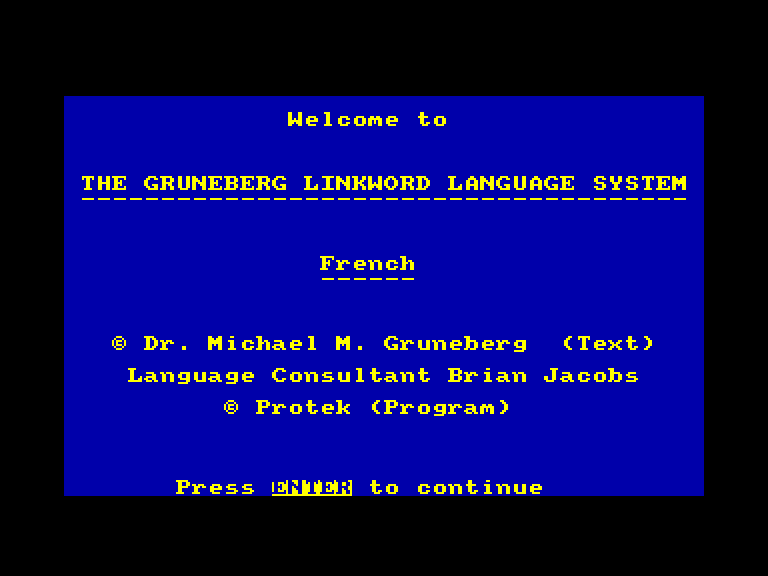 screenshot of the Amstrad CPC game Linkword Language Course - French
