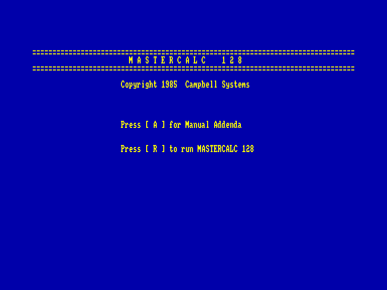 screenshot of the Amstrad CPC game Mastercalc 128