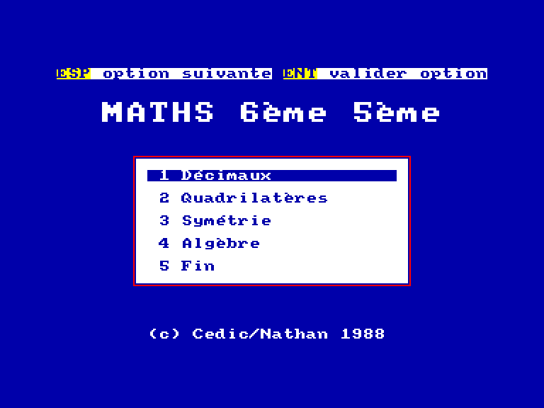 screenshot of the Amstrad CPC game Mathematiques 6e-5e