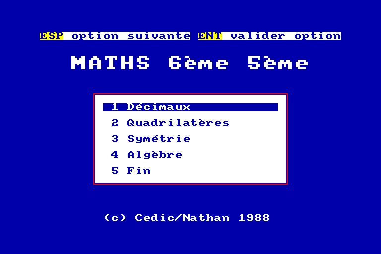 screenshot du jeu Amstrad CPC Maths 6eme 5eme