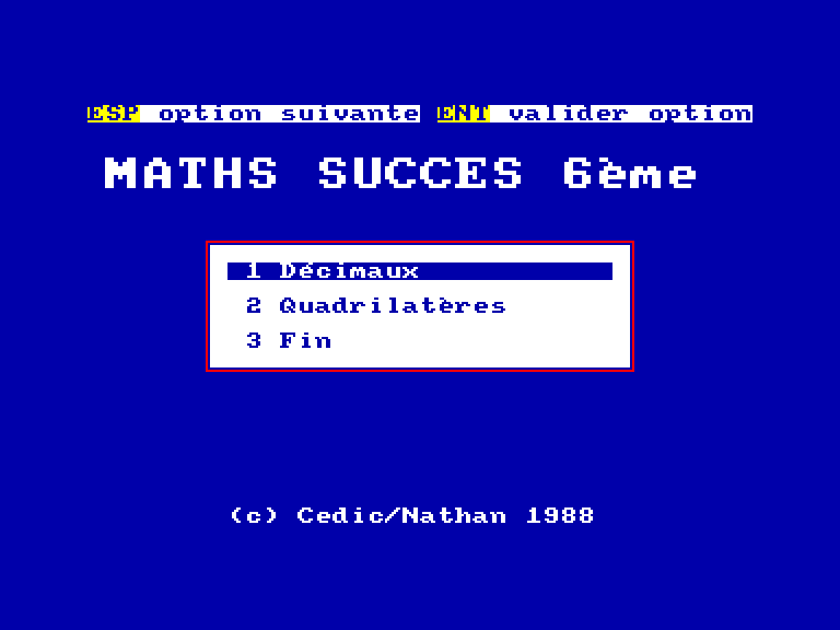 screenshot du jeu Amstrad CPC Maths succes 6eme