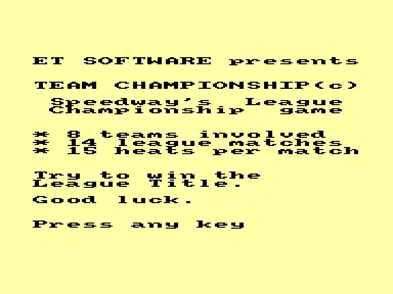 screenshot of the Amstrad CPC game Speedway Team Championship