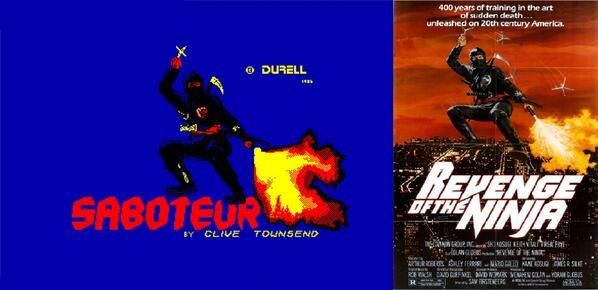 écran de chargement du jeu Saboteur et affiche du film Revenge of the Ninja